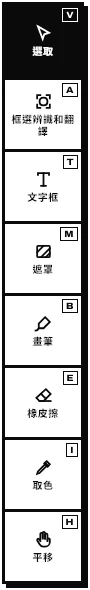 工具：選取、框選辨識和翻譯、文字框、遮罩、畫筆、橡皮擦、取色、平移