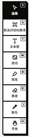 Serifu 编辑器的工具，包括框选识别和翻译、画笔、橡皮