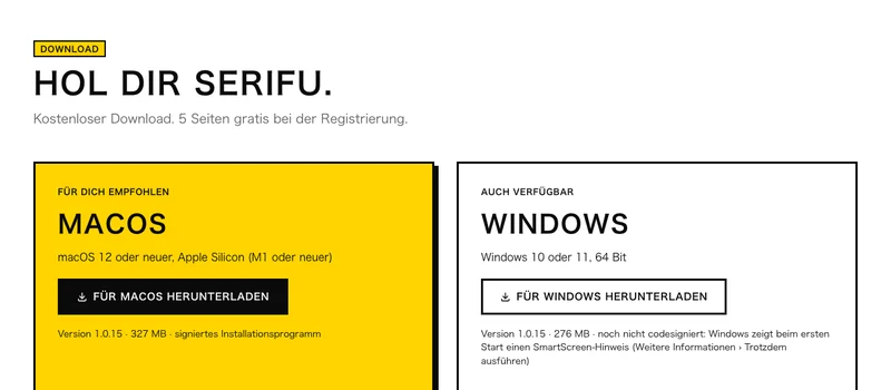 Die Download-Seite: macOS und Windows