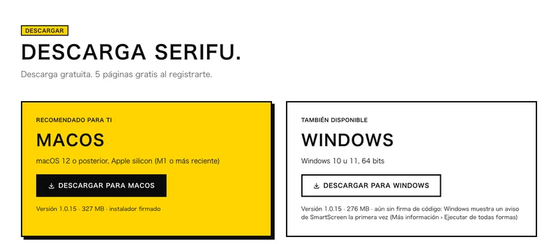 La página de descarga: macOS y Windows