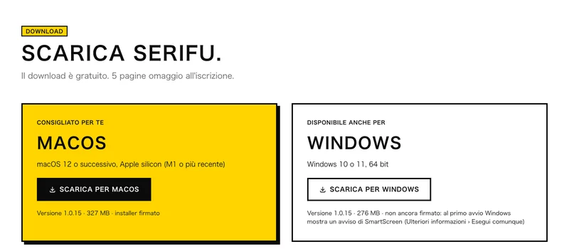 La pagina di download: macOS e Windows