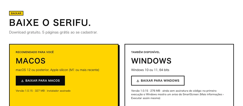 A página de download: macOS e Windows