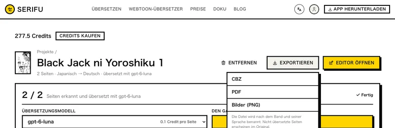 Exportieren im Browser: CBZ, PDF, Bilder (PNG)