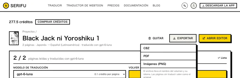 Exportar en el navegador: CBZ, PDF, Imágenes (PNG)