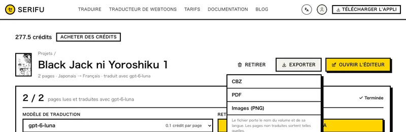 Exporter dans le navigateur : CBZ, PDF, Images (PNG)