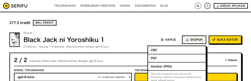 Ekspor di browser: CBZ, PDF, Gambar (PNG)