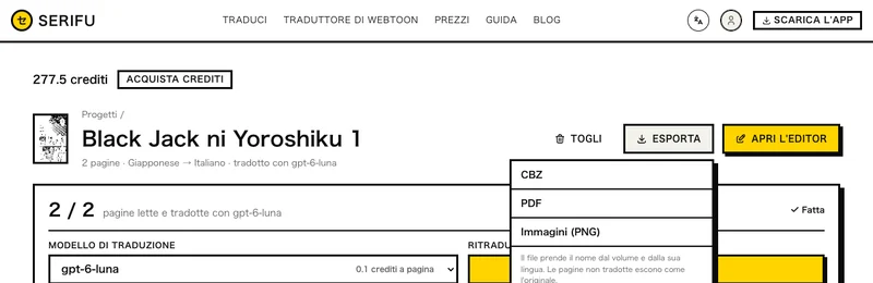 Esporta nel browser: CBZ, PDF, Immagini (PNG)