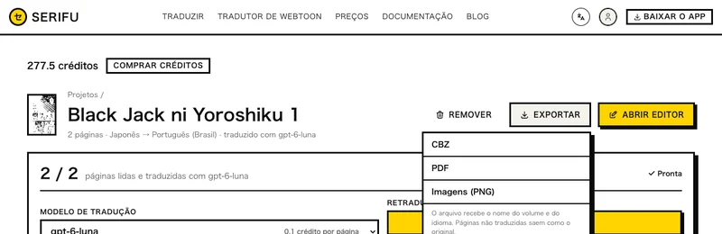 Exportar no navegador: CBZ, PDF, Imagens (PNG)