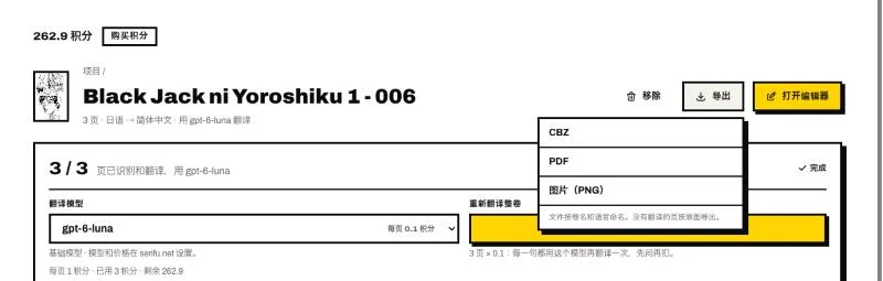 卷页面的导出菜单:CBZ、PDF、图片(PNG)