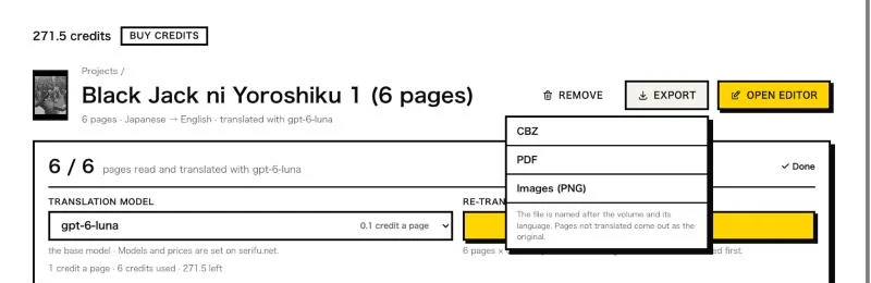 The volume page with its Export menu: CBZ, PDF, Images (PNG)