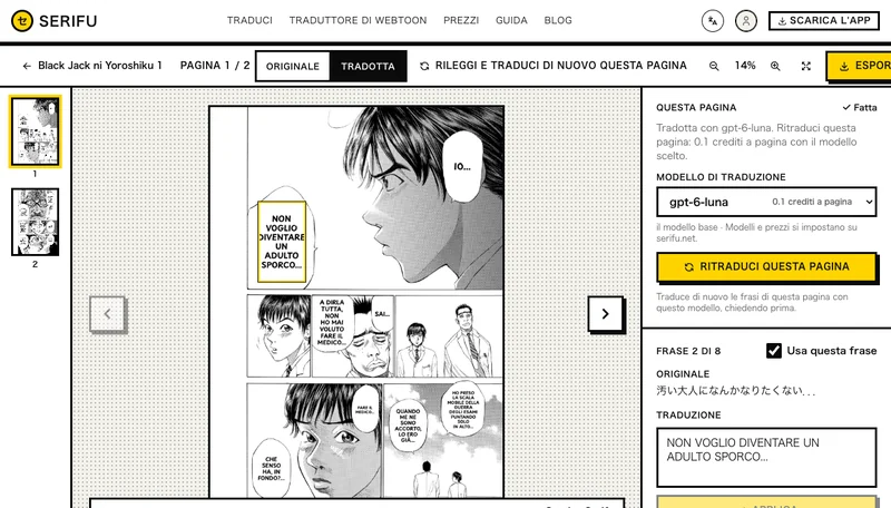 Una pagina tradotta con la frase 4 selezionata e contornata sulla pagina