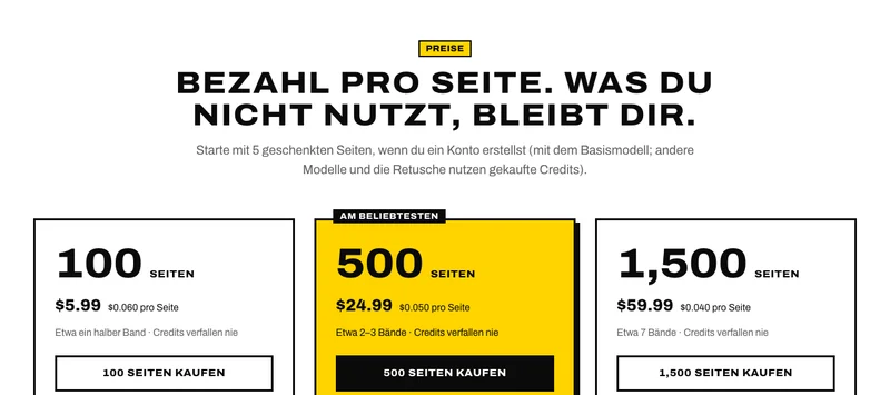 Die Preisseite: 100, 500 und 1.500 Seiten