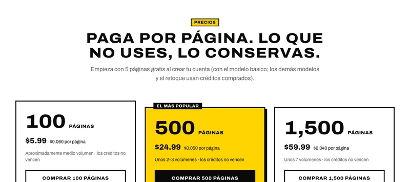 La página de precios: 100, 500 y 1,500 páginas