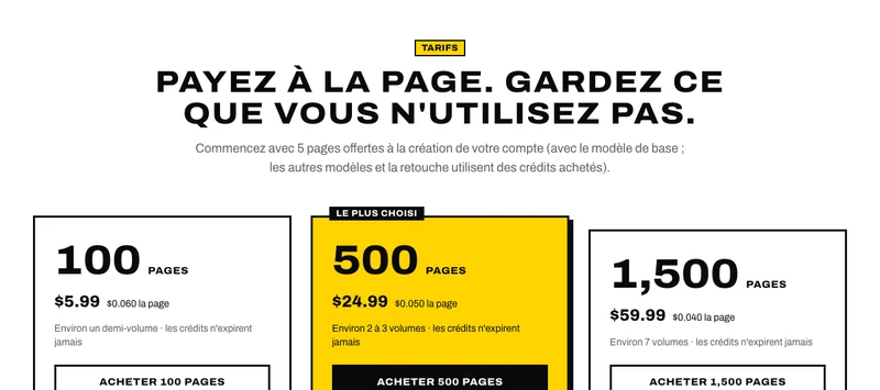 La page des tarifs : 100, 500 et 1 500 pages