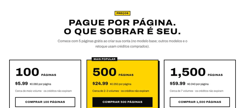 A página de preços: 100, 500 e 1.500 páginas