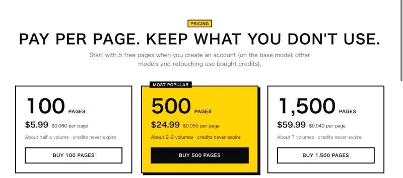 The pricing page: 100, 500 and 1,500 pages