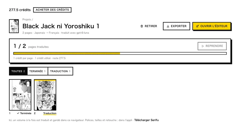 Le volume en cours de traduction : une page terminée, cinq en traduction