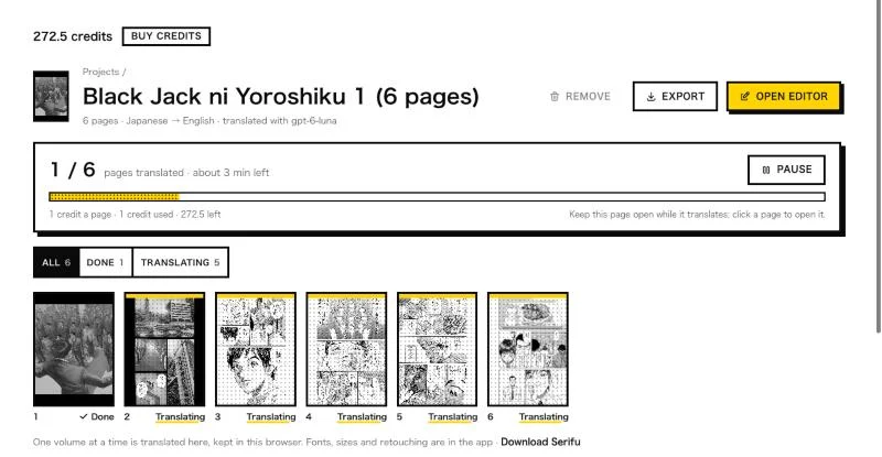 The volume translating, page by page