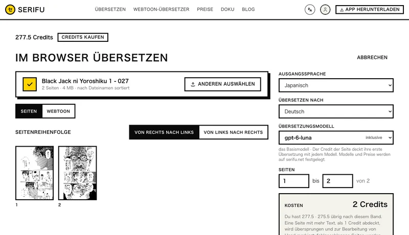 Sechs Seiten hineingezogen: Seitenreihenfolge, Sprachen, Übersetzungsmodell, Seiten und Kosten