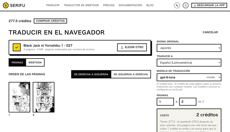 Seis páginas soltadas, con el orden de páginas, los idiomas, el modelo, las páginas y el costo