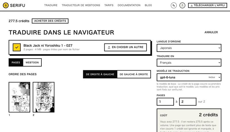 Six pages déposées : ordre des pages, langues, modèle de traduction, pages et coût