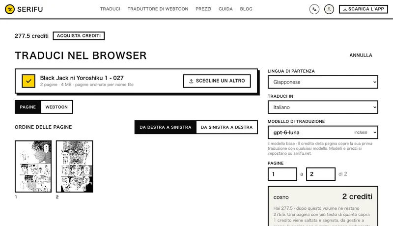 Sei pagine trascinate: ordine delle pagine, lingue, modello di traduzione, pagine e costo