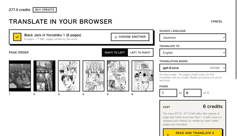 Six pages dropped in, with the page order, languages, model, pages and cost